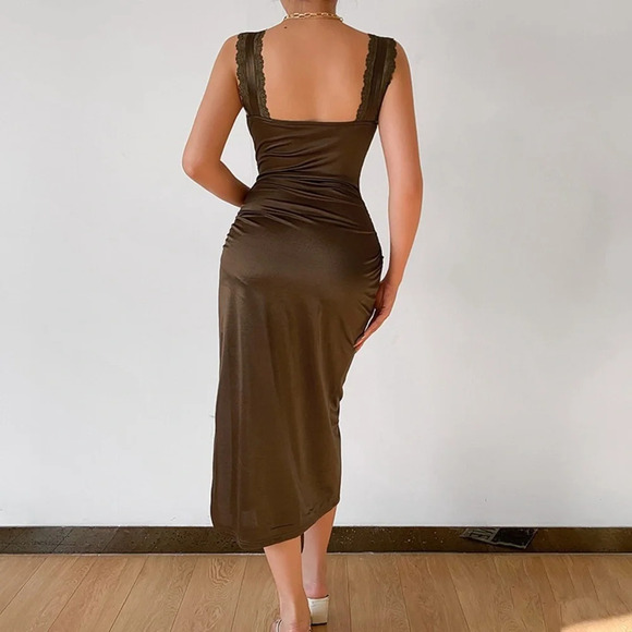 NWT FABONICS Sleeveless Satin Ruched Cross Over V-Neck Sheath Dress - Picture 9 of 9